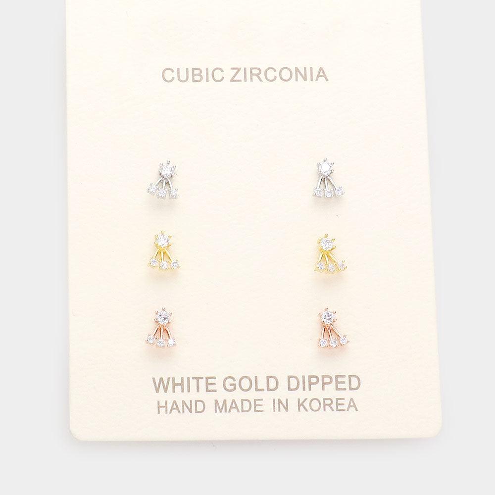 Three Tone 3Pairs - Gold Dipped CZ Abstract Stud Earrings