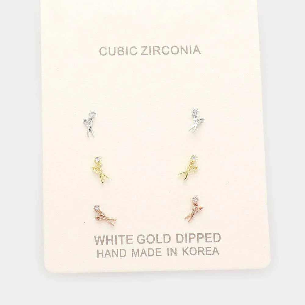 Three Tone 3Pairs - Gold Dipped CZ Scissors Stud Earrings - Jewelry Store by Erik Rayo