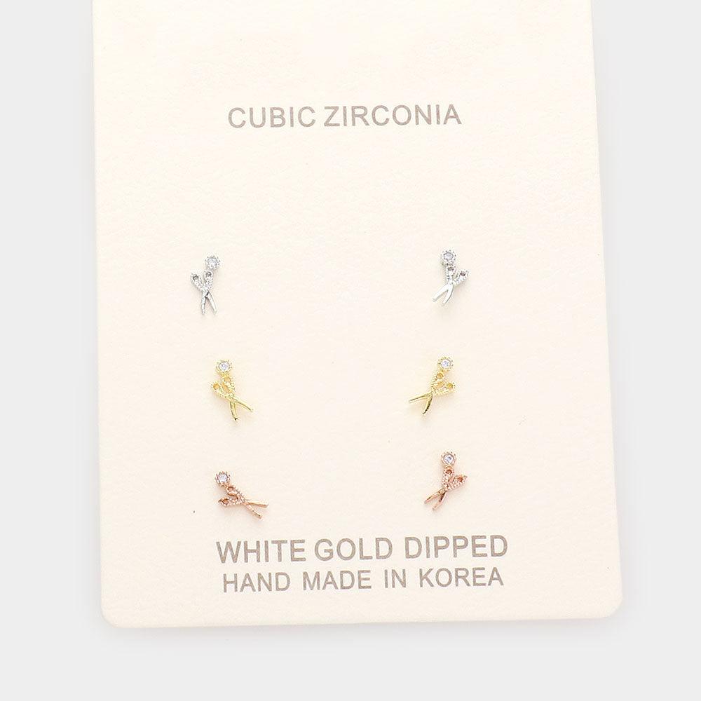 Three Tone 3Pairs - Gold Dipped CZ Scissors Stud Earrings