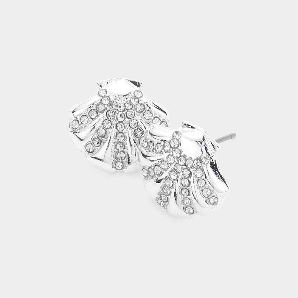 Silver Rhinestone Embellished Metal Shell Stud Earrings - Jewelry Store by Erik Rayo