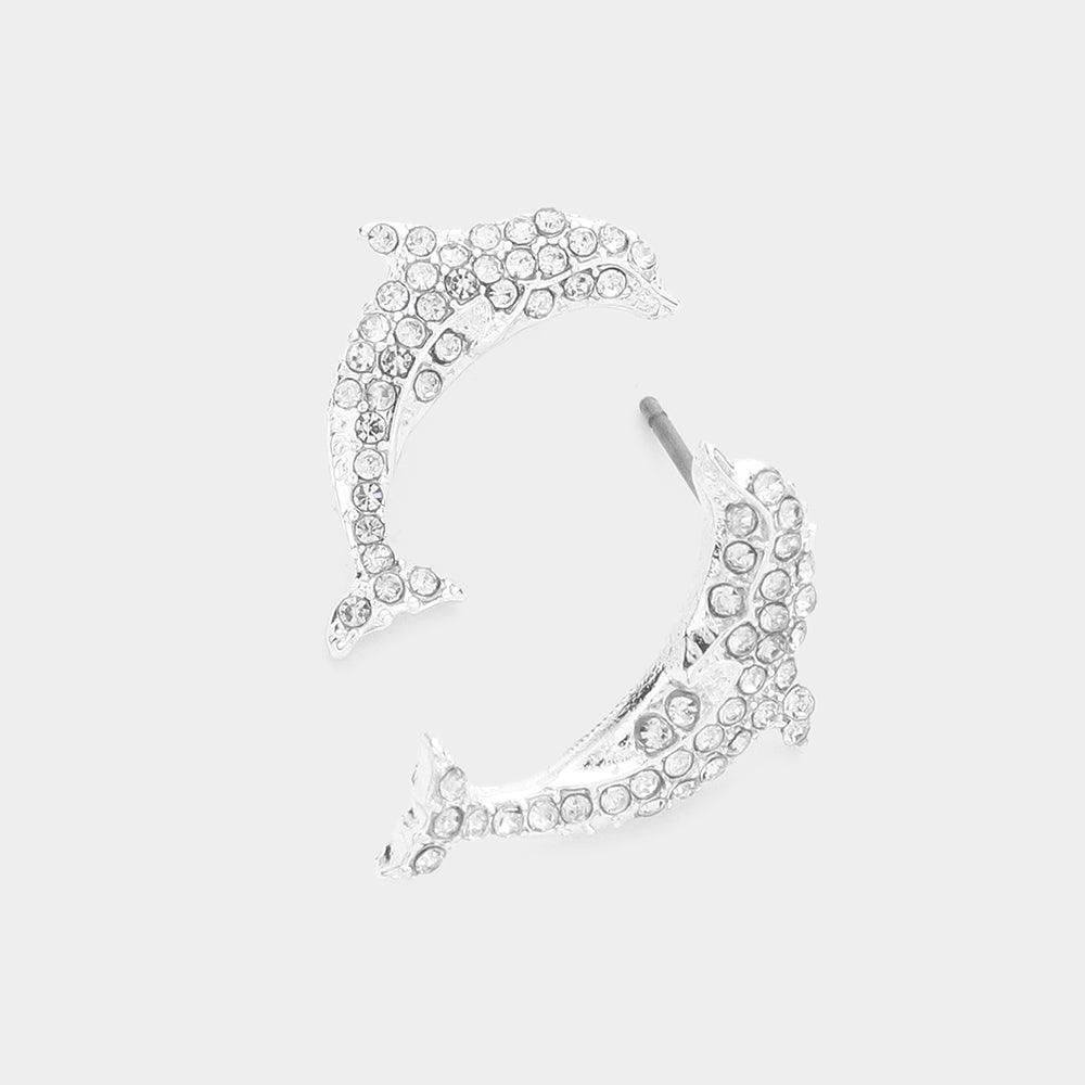 Silver Rhinestone Embellished Dolphin Stud Earrings - Jewelry Store by Erik Rayo