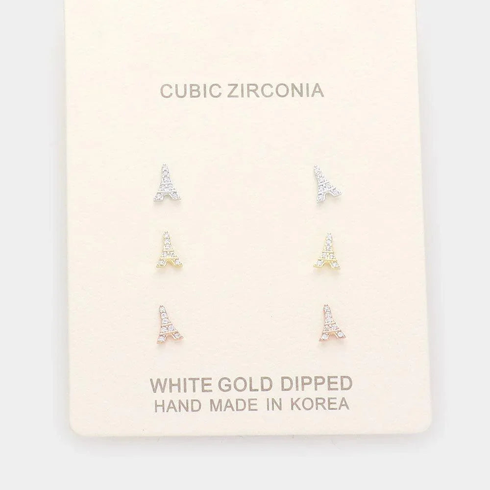 Three Tone 3Pairs - Gold Dipped CZ Eiffel Tower Stud Earrings - Jewelry Store by Erik Rayo