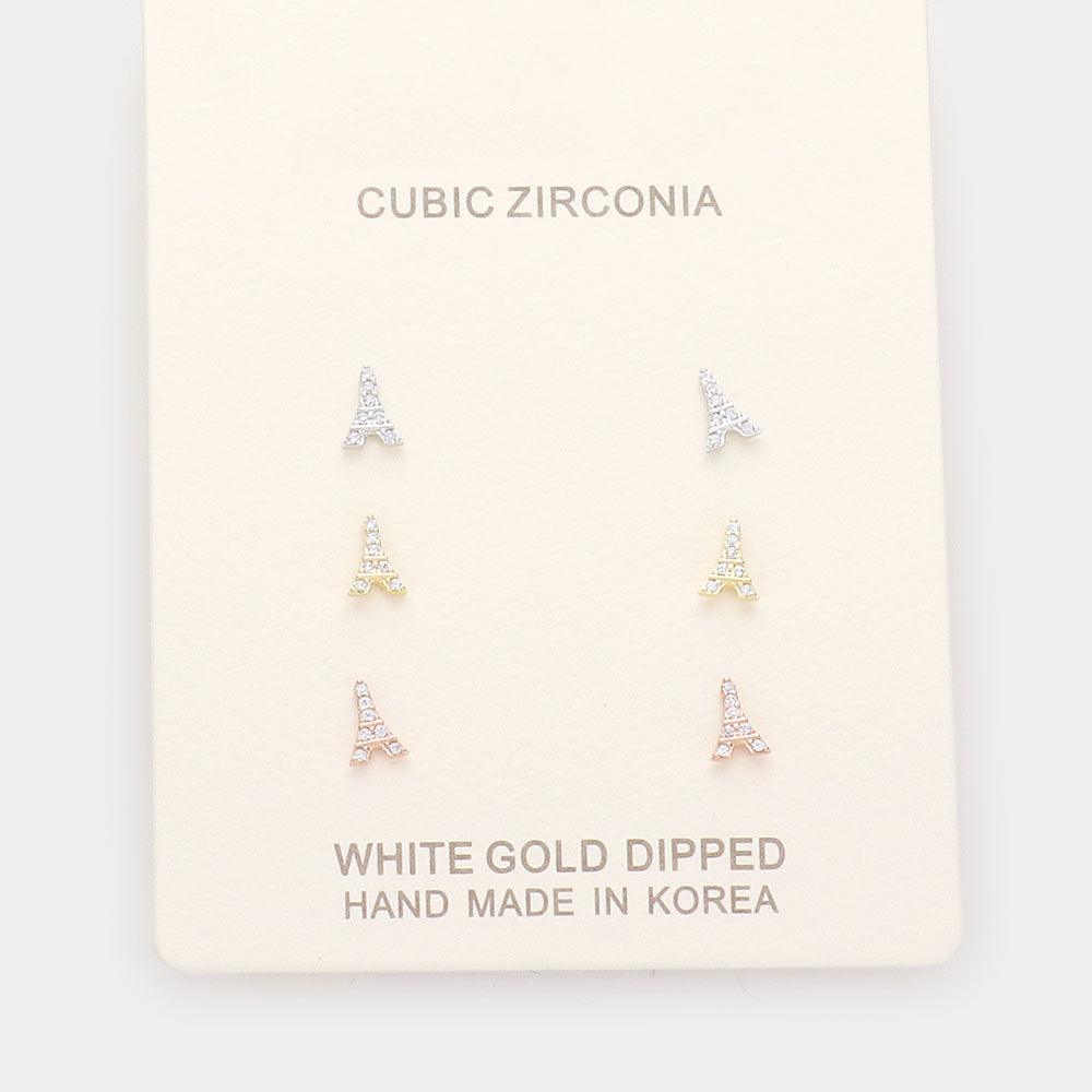 Three Tone 3Pairs - Gold Dipped CZ Eiffel Tower Stud Earrings