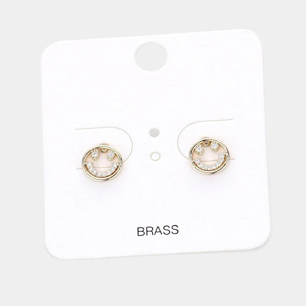 Gold Stone Embellished Brass Metal Smile Stud Earrings - Jewelry Store by Erik Rayo