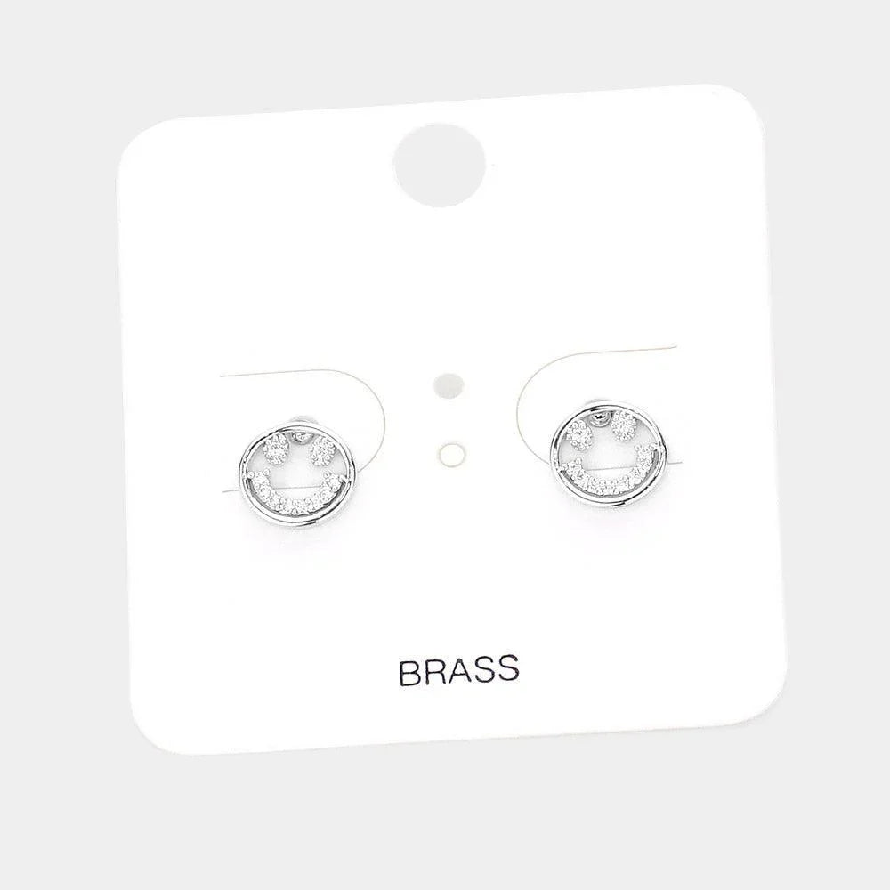 Silver Stone Embellished Brass Metal Smile Stud Earrings - Jewelry Store by Erik Rayo