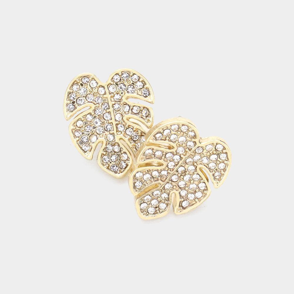 Gold Rhinestone Embellished Tropical Leaf Stud Earrings - Jewelry Store by Erik Rayo