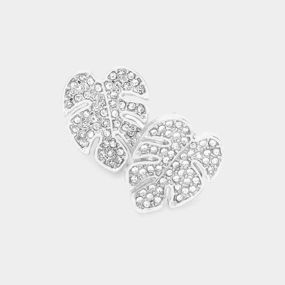 Rhinestone Embellished Tropical Leaf Stud Earrings - Jewelry Store by Erik Rayo