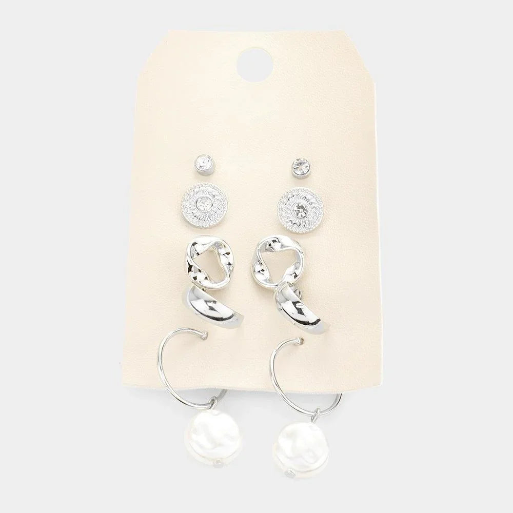 5Pairs - Round Stone Twisted Metal Freshwater Pearl Earrings - Jewelry Store by Erik Rayo