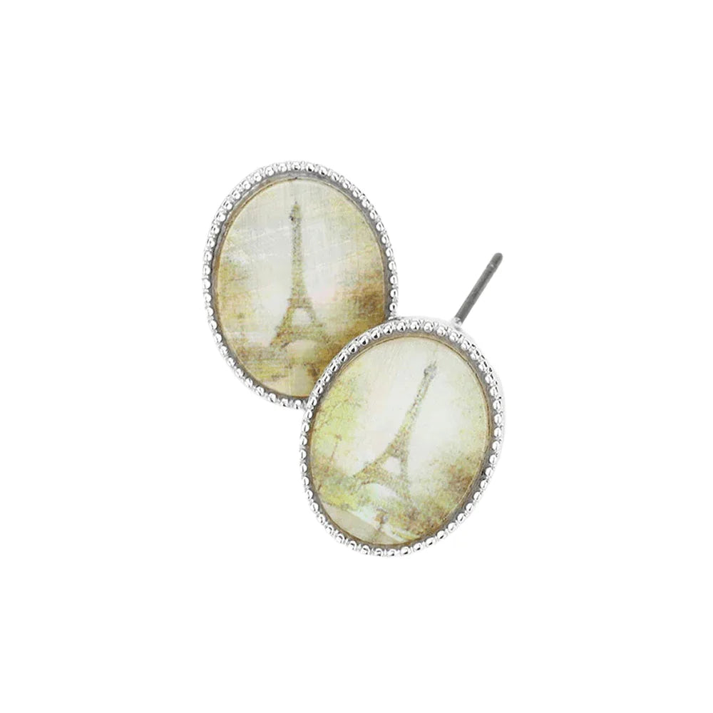 Silver Eiffel Tower Printed Oval Mother of Pearl Stud Earrings - Jewelry Store by Erik Rayo