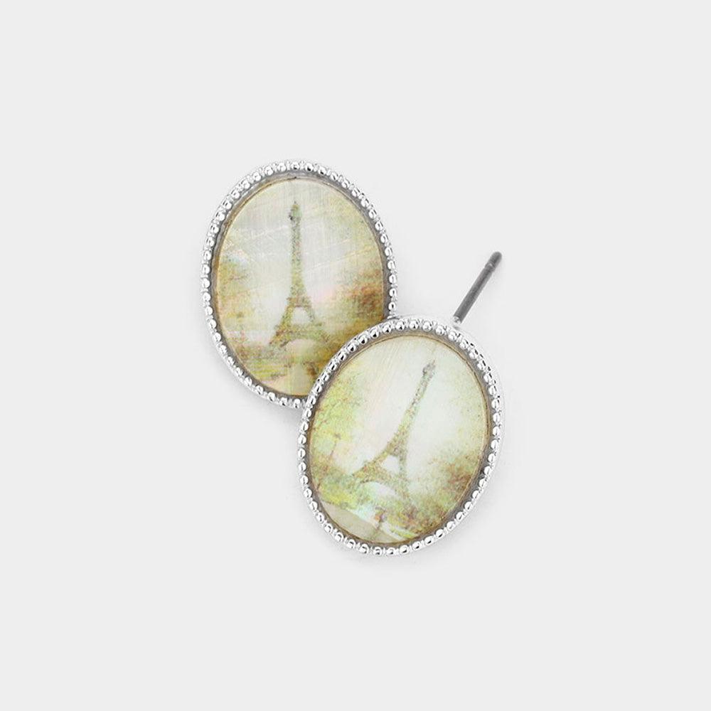 Silver Eiffel Tower Printed Oval Mother of Pearl Stud Earrings - Jewelry Store by Erik Rayo