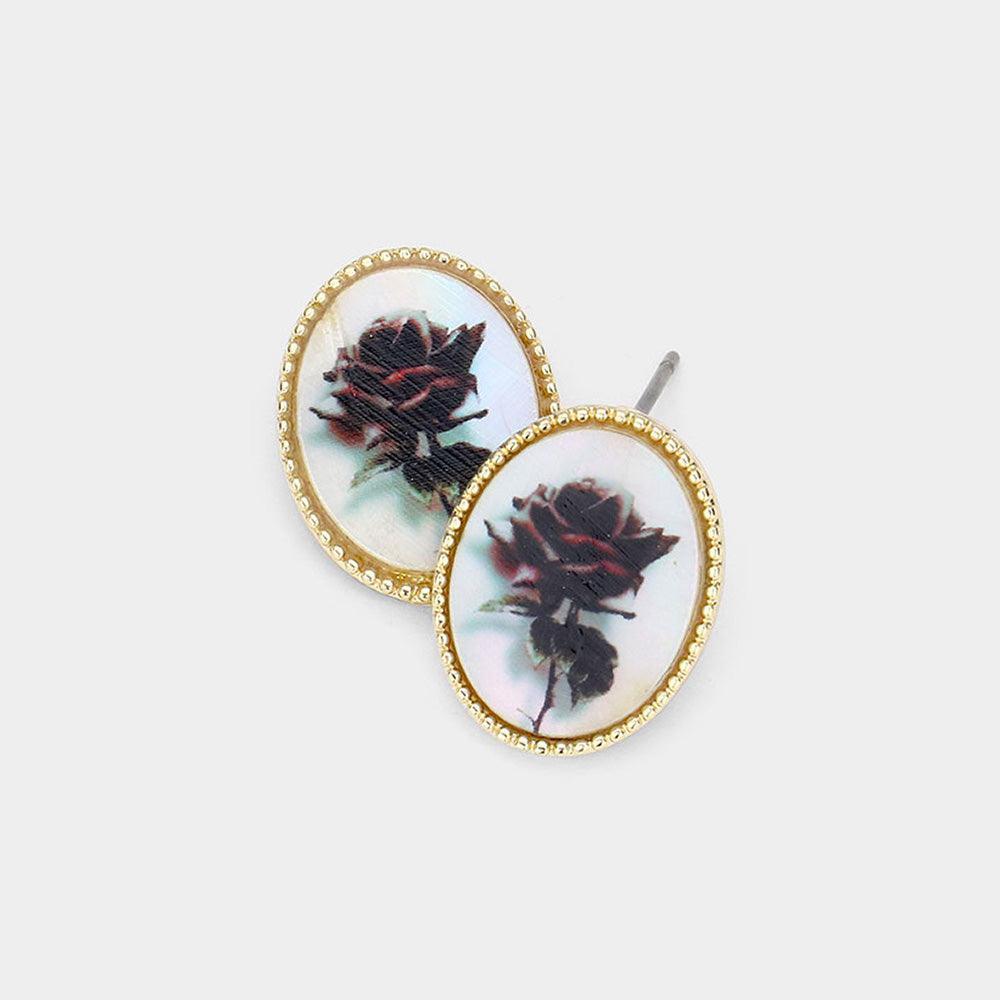 Gold Rose Flower Printed Oval Mother of Pearl Stud Earrings - Jewelry Store by Erik Rayo