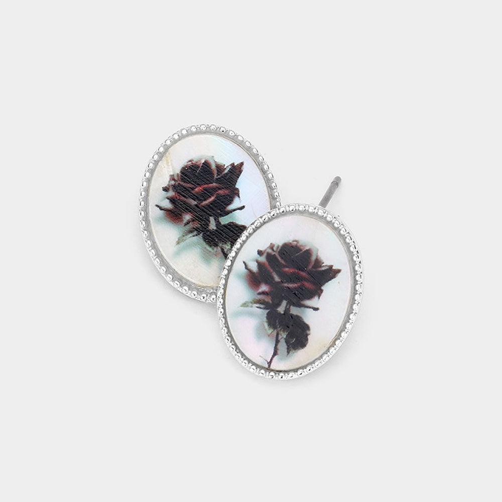 Silver Rose Flower Printed Oval Mother of Pearl Stud Earrings - Jewelry Store by Erik Rayo