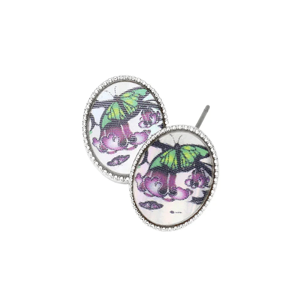 Silver Butterfly Printed Oval Mother of Pearl Stud Earrings - Jewelry Store by Erik Rayo