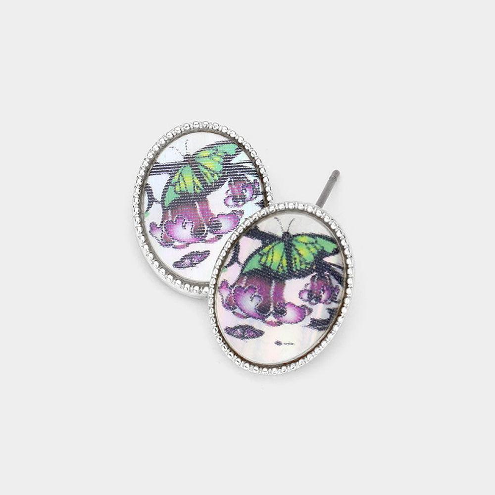 Silver Butterfly Printed Oval Mother of Pearl Stud Earrings - Jewelry Store by Erik Rayo