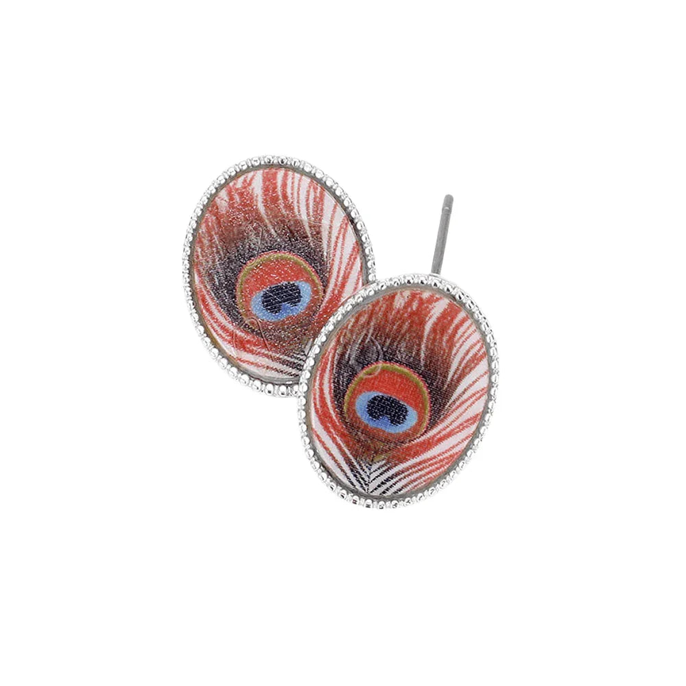 Silver Feather Printed Oval Mother of Pearl Stud Earrings - Jewelry Store by Erik Rayo