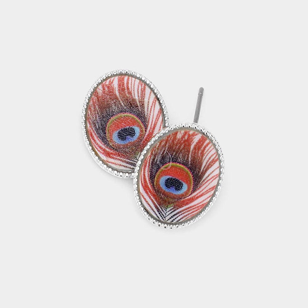 Silver Feather Printed Oval Mother of Pearl Stud Earrings - Jewelry Store by Erik Rayo