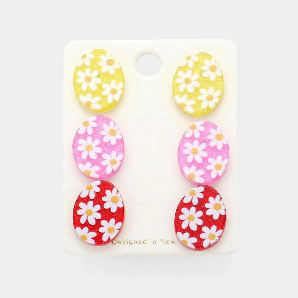 3Pairs - Flower Patterned Glittered Resin Easter Egg Stud Earrings - Jewelry Store by Erik Rayo