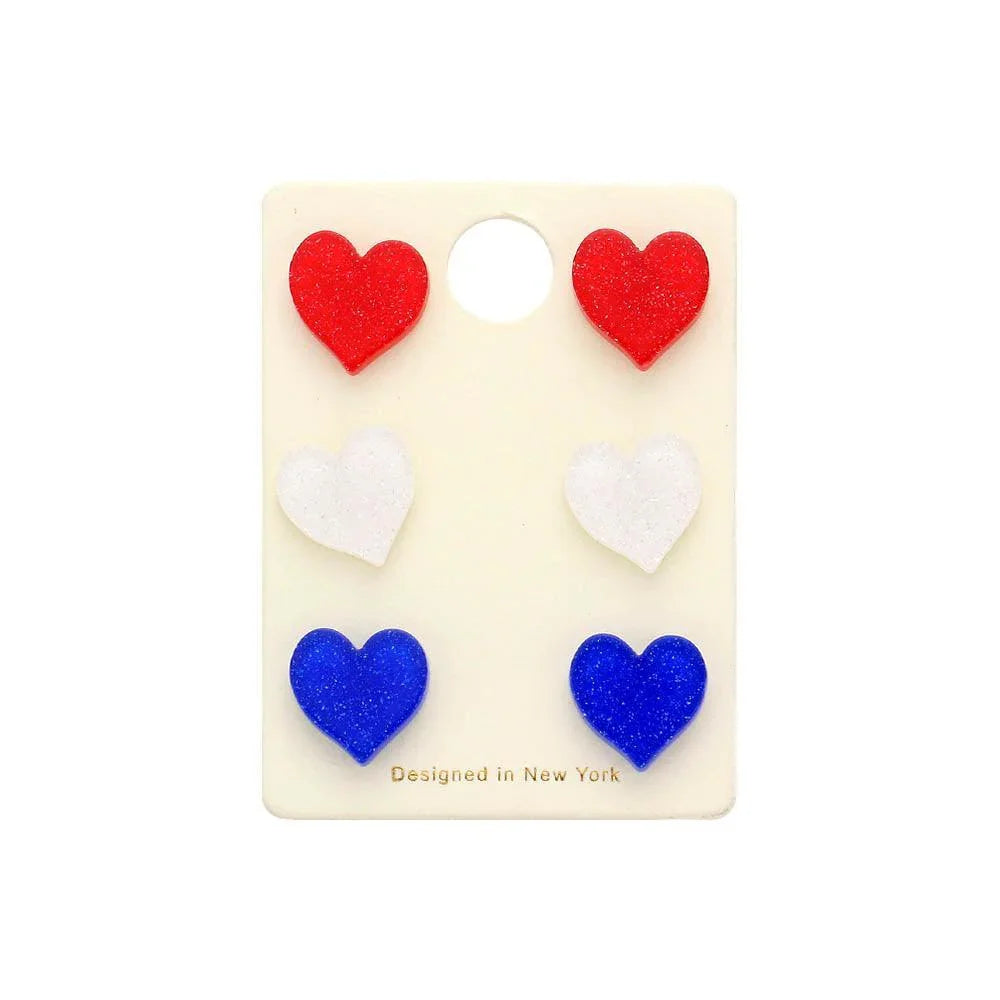 3Pairs - American USA Flag Glittered Resin Heart Stud Earrings - Jewelry Store by Erik Rayo