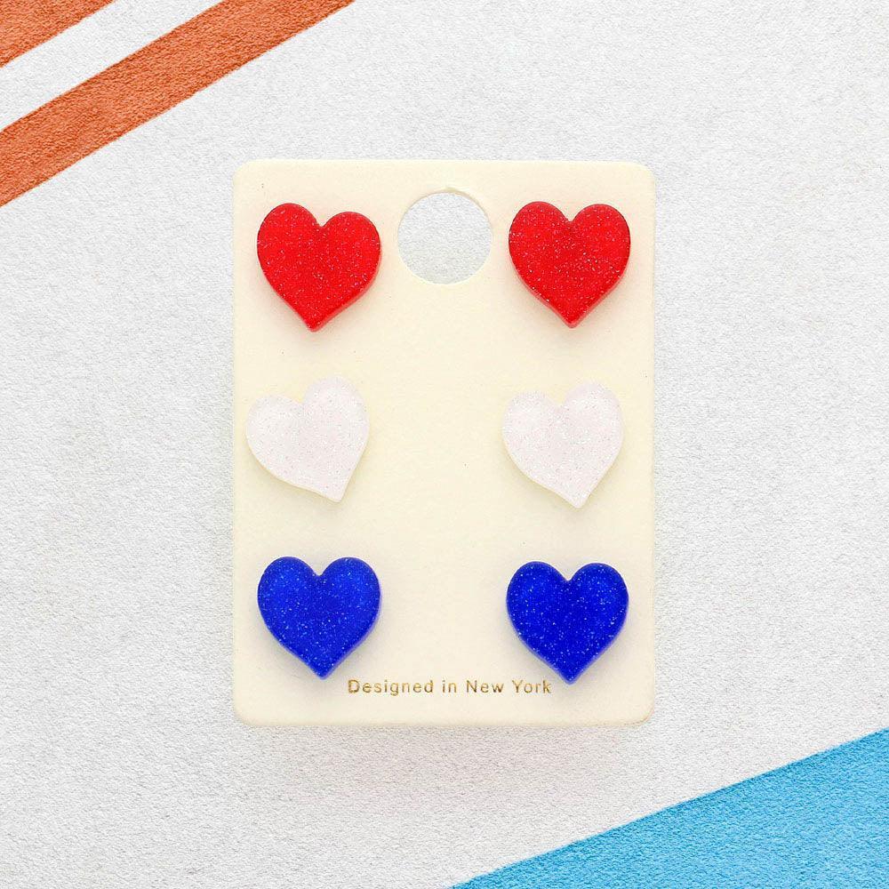 3Pairs - American USA Flag Glittered Resin Heart Stud Earrings - Jewelry Store by Erik Rayo
