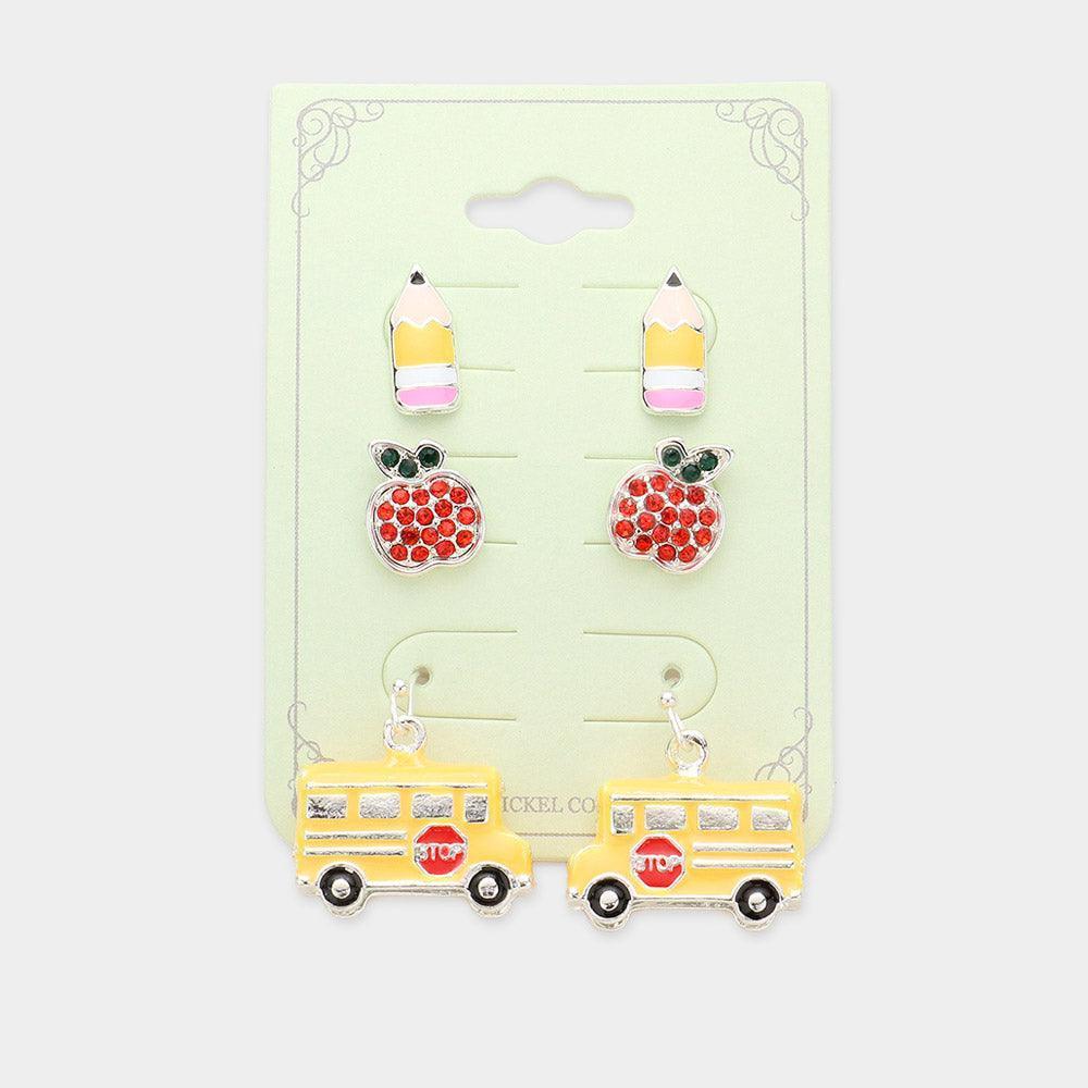 3Pairs - Pencil Apple School Bus Earrings - Jewelry Store by Erik Rayo