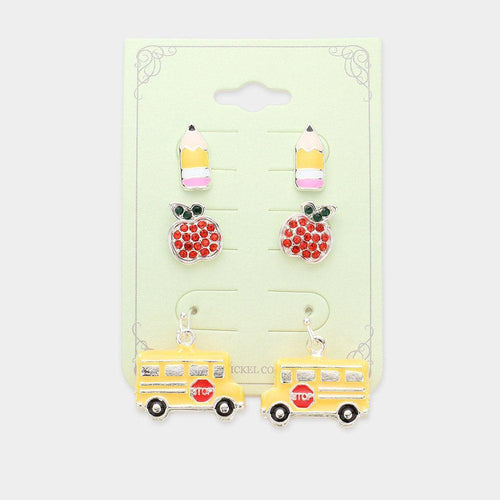 3Pairs - Pencil Apple School Bus Earrings - Jewelry Store by Erik Rayo