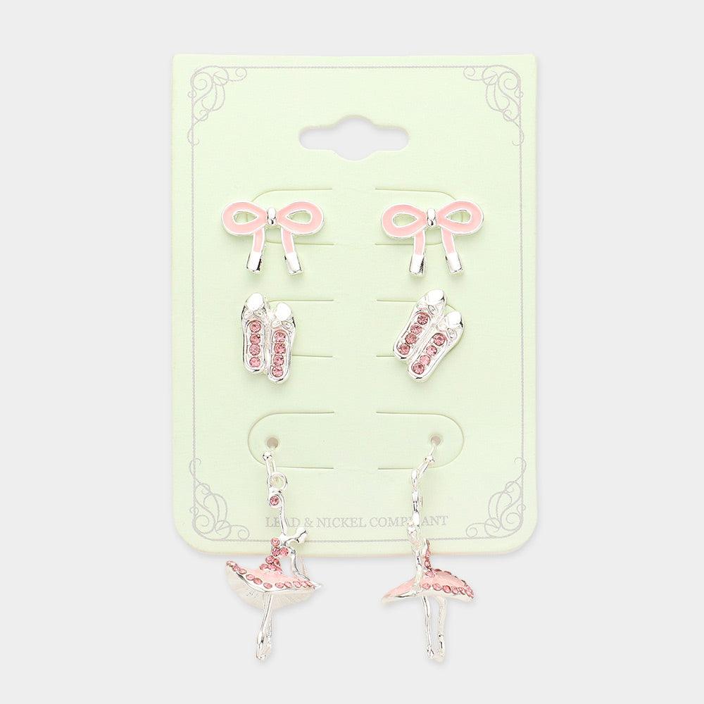 Pink 3Pairs - Bow Shoes Ballerina Earrings