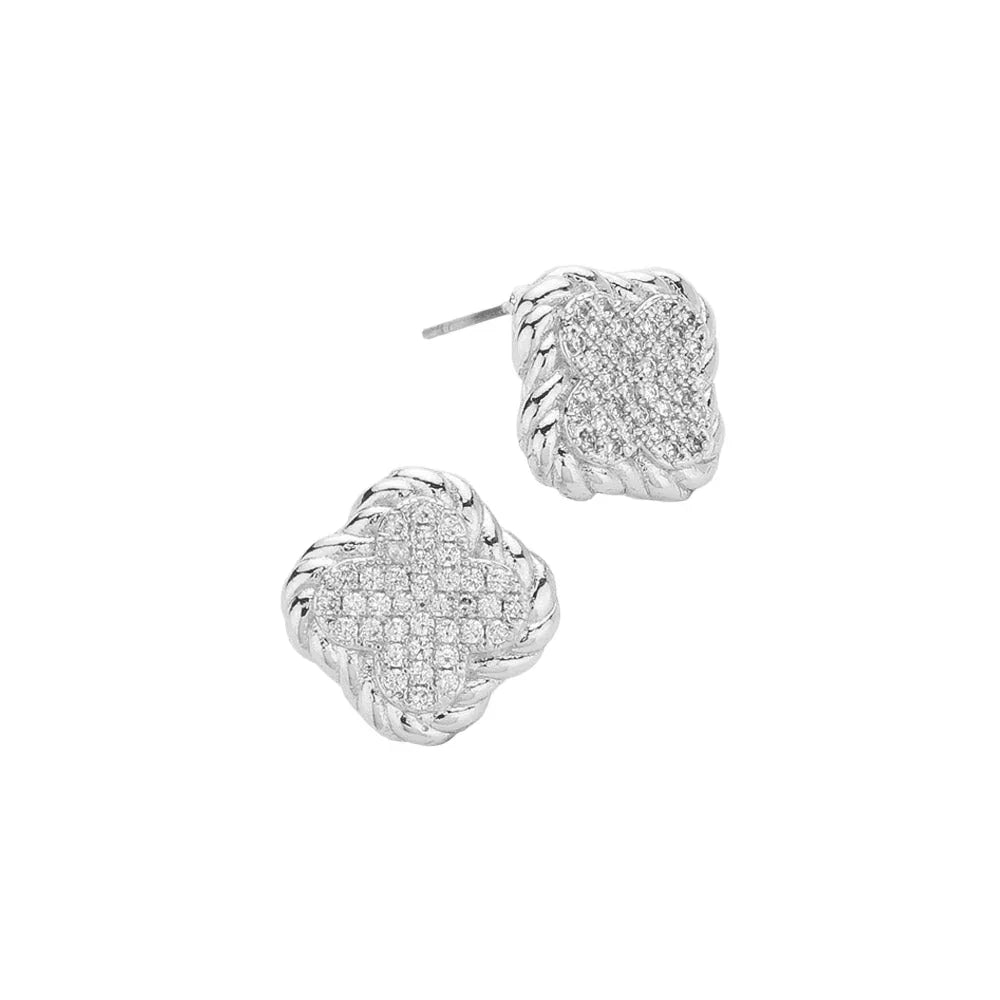 Silver 14K Gold Plated CZ Stone Paved Quatrefoil Stud Earrings - Jewelry Store by Erik Rayo