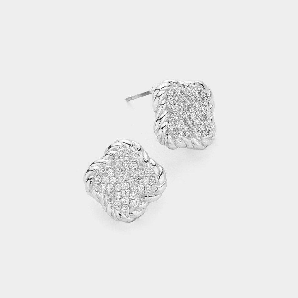 Silver 14K Gold Plated CZ Stone Paved Quatrefoil Stud Earrings - Jewelry Store by Erik Rayo