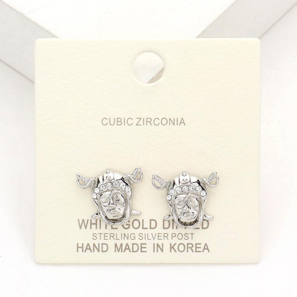 Silver White Gold Dipped CZ Cubic Zirconia Face Stud Earrings