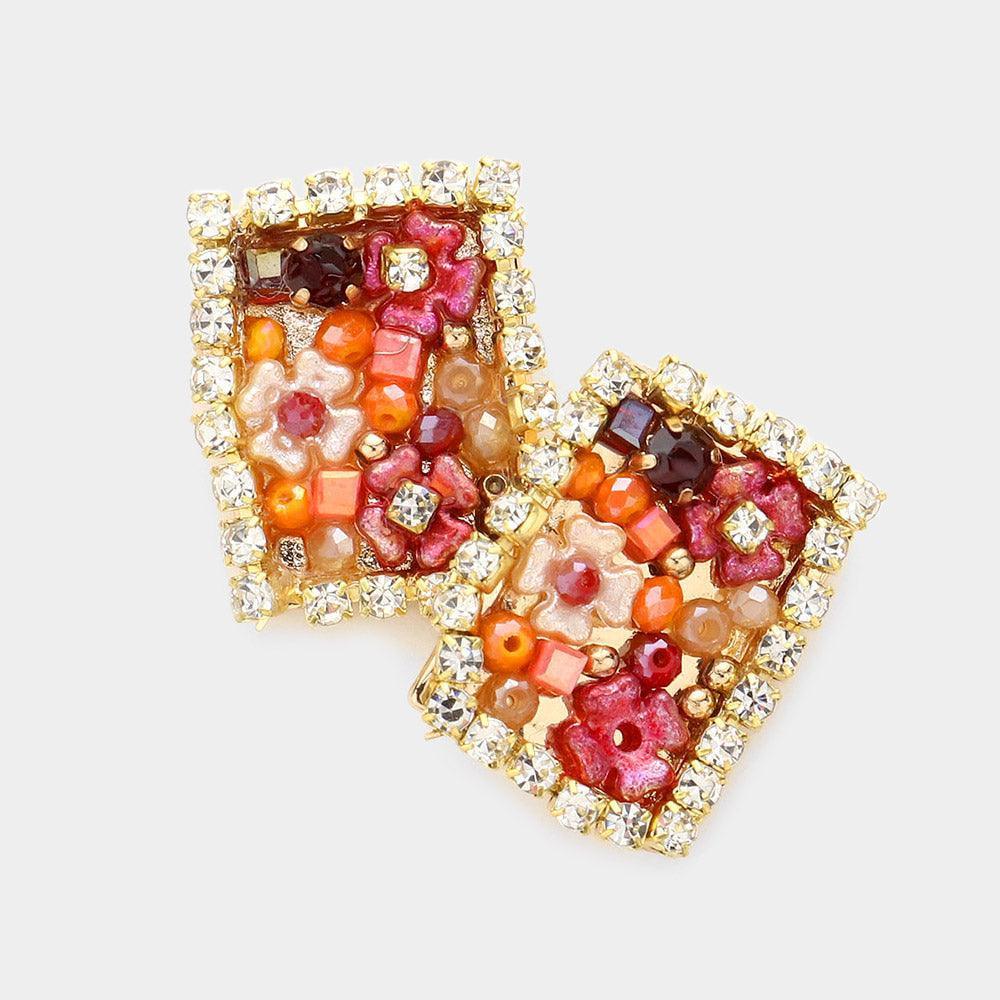 Pink Multi Bead Embellished Rectangle Stud Earrings - Jewelry Store by Erik Rayo