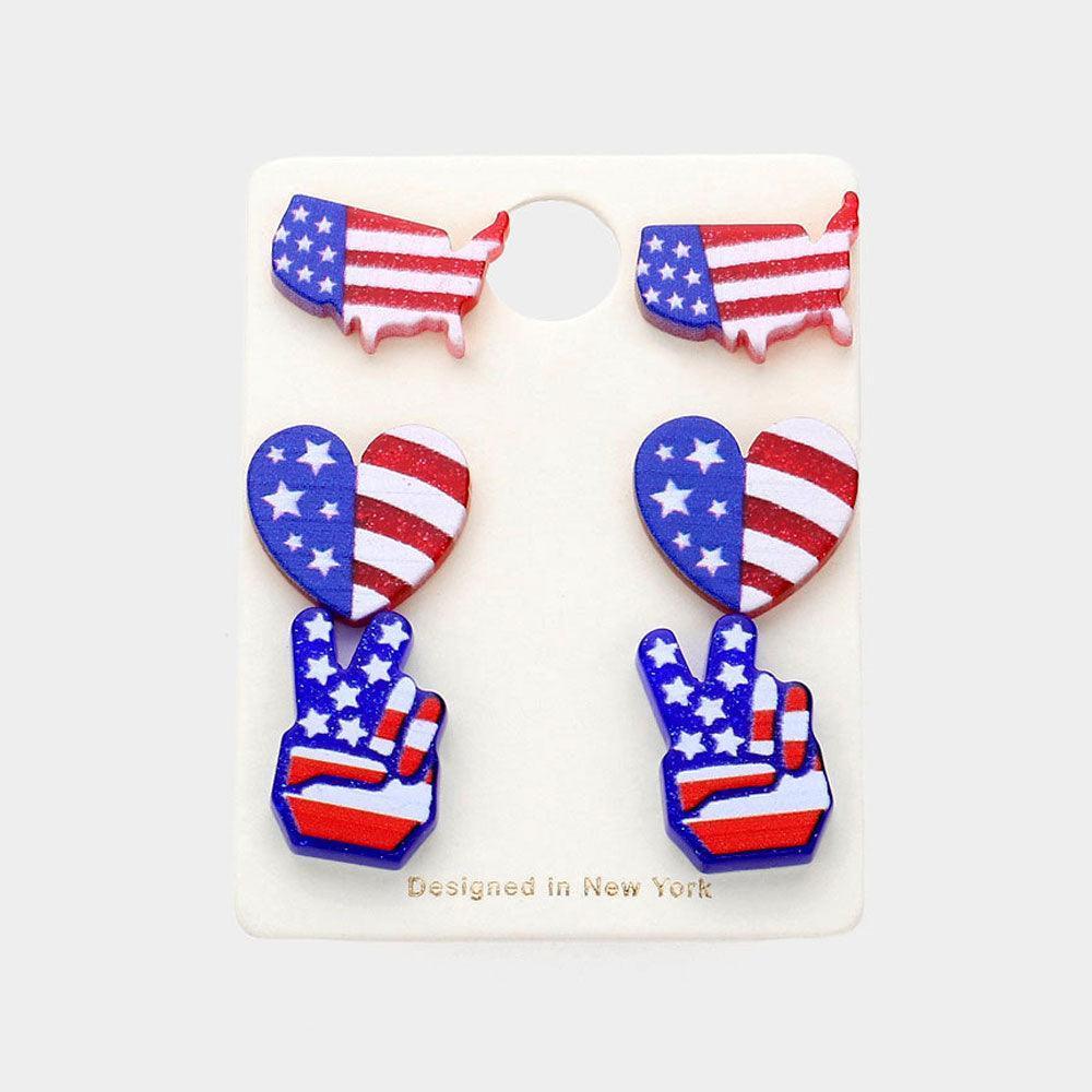 3PAIRS - American USA Flag Printed Resin Map Heart Victory Stud Earrings Set - Jewelry Store by Erik Rayo