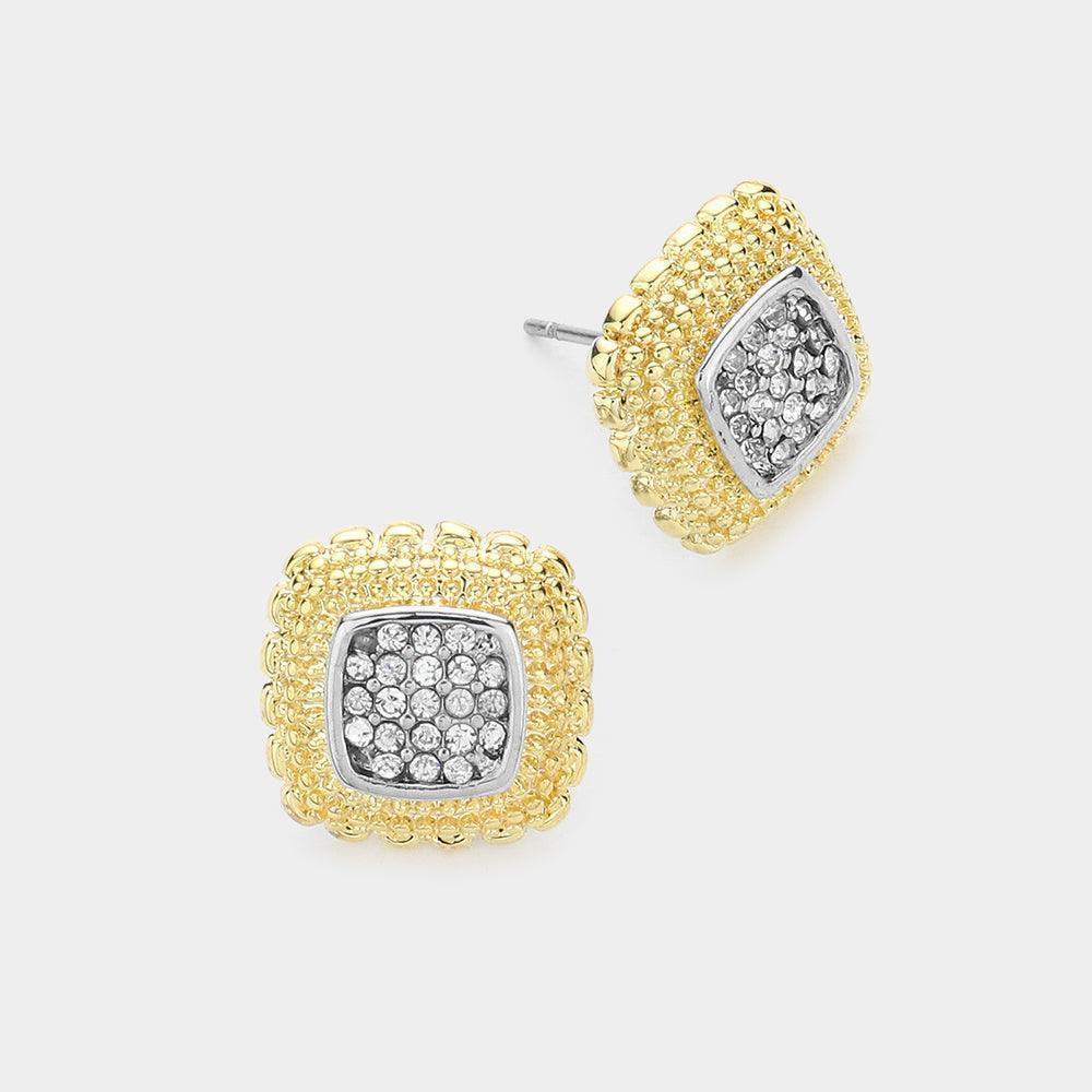 Two Tone Square Stone Paved Cluster Stud Earrings - Jewelry Store by Erik Rayo