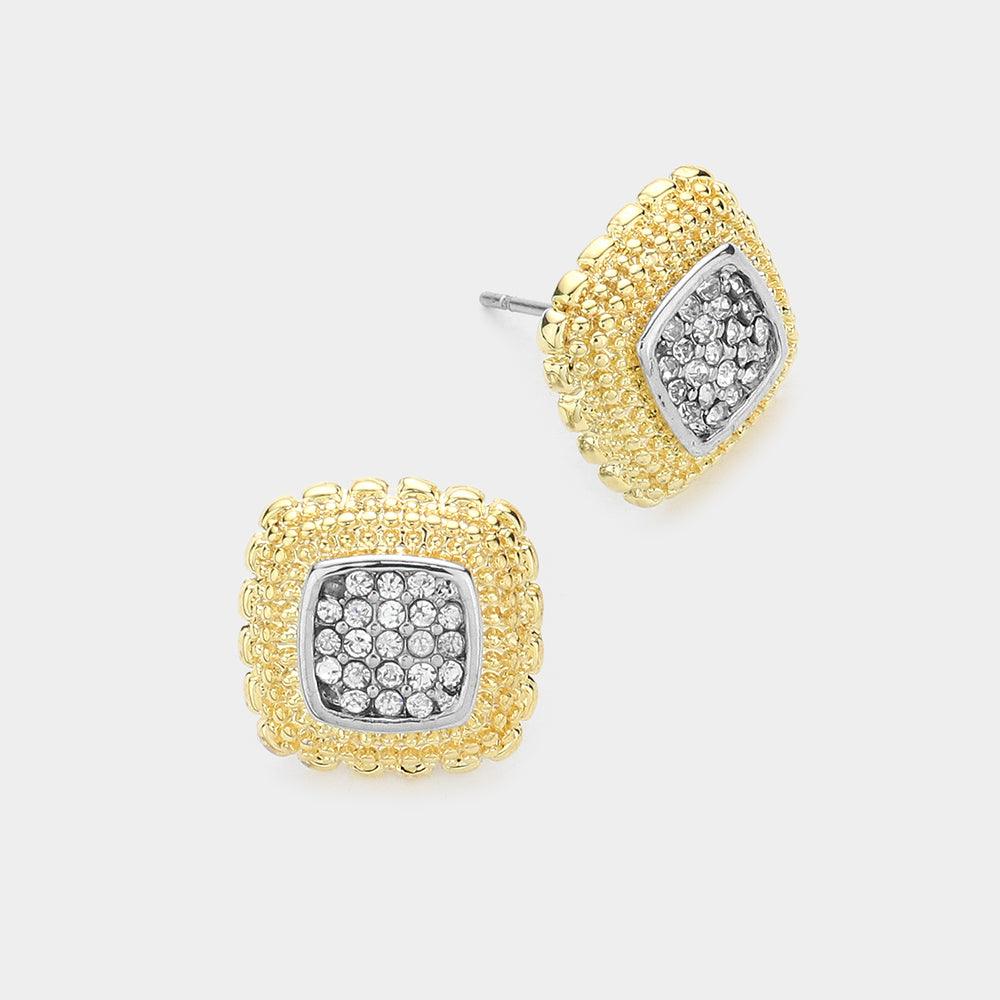 Two Tone Square Stone Paved Cluster Stud Earrings