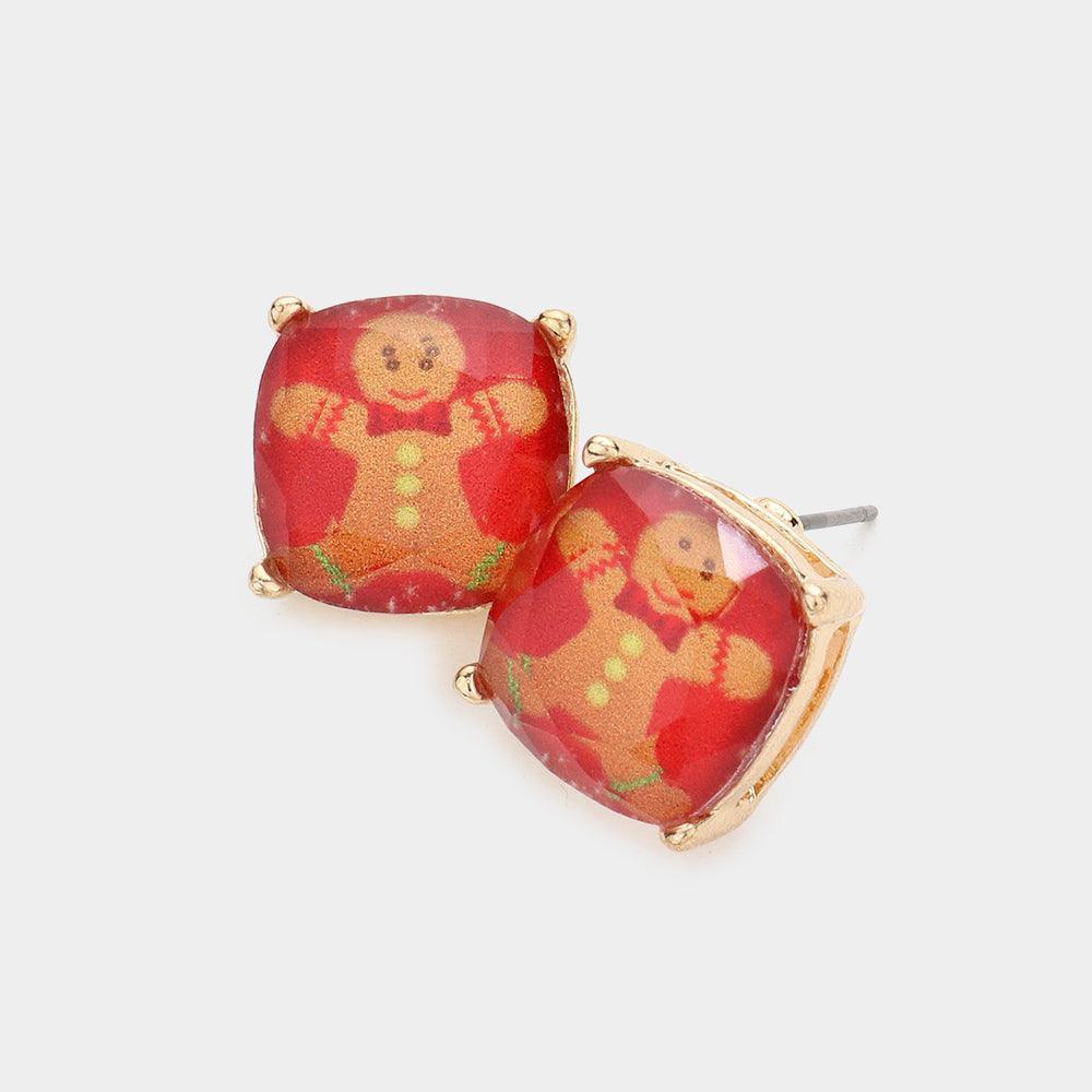 Red Christmas Gingerbread Man Cushion Square Stud Earrings - Jewelry Store by Erik Rayo