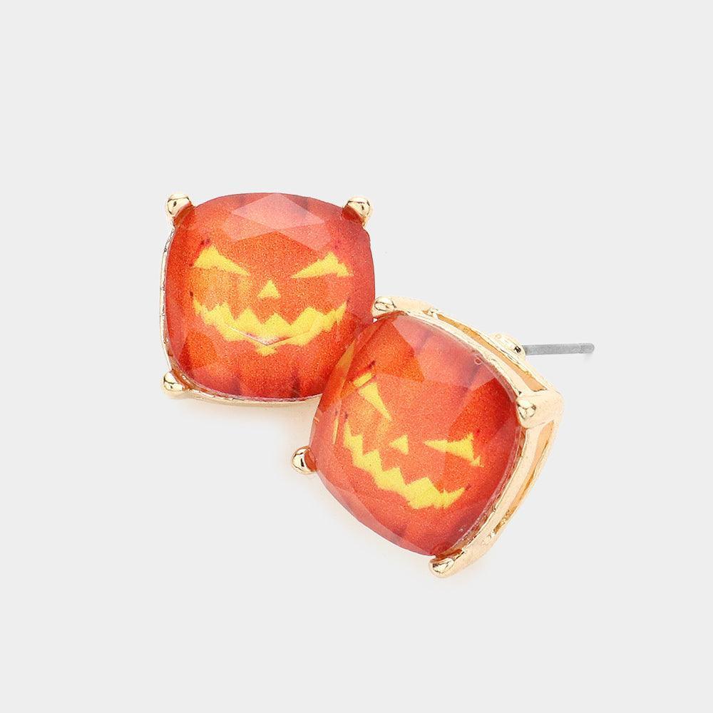 Orange Pumpkin Cushion Square Stud Earrings - Jewelry Store by Erik Rayo