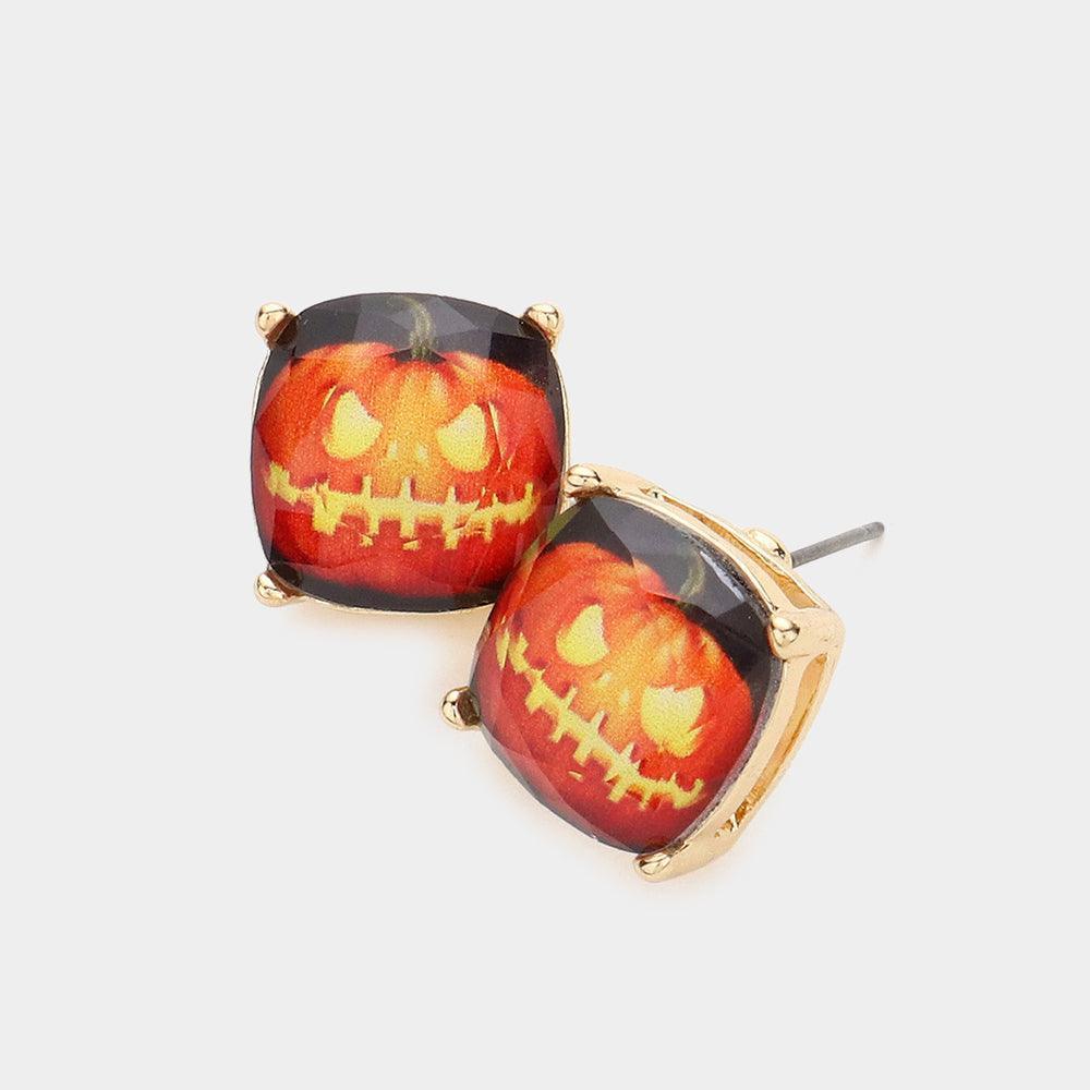 Orange Pumpkin Cushion Square Stud Earrings - Jewelry Store by Erik Rayo