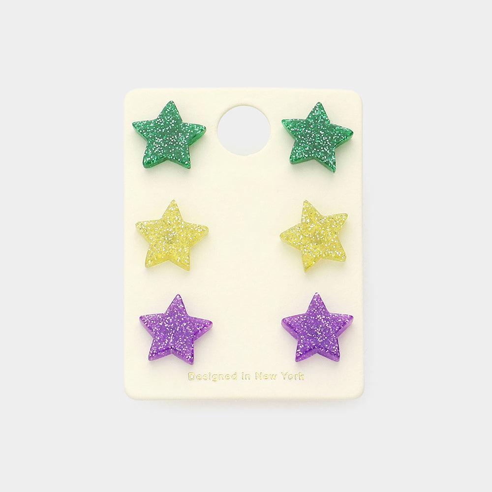 3Pairs - Mardi Grass Star Stud Earrings - Jewelry Store by Erik Rayo