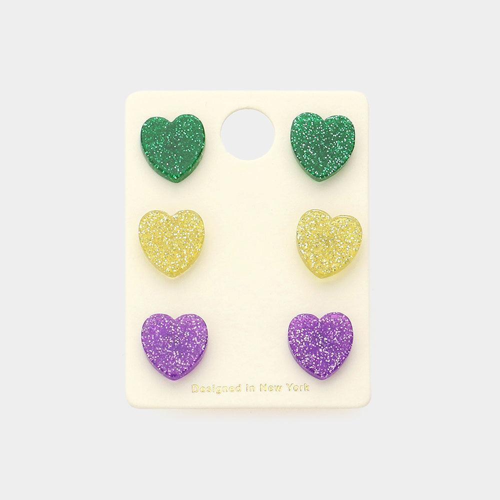 3Pairs - Mardi Grass Heart Stud Earrings - Jewelry Store by Erik Rayo