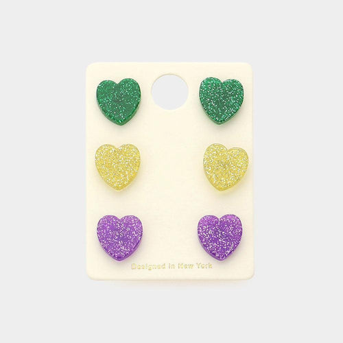 3Pairs - Mardi Grass Heart Stud Earrings - Jewelry Store by Erik Rayo