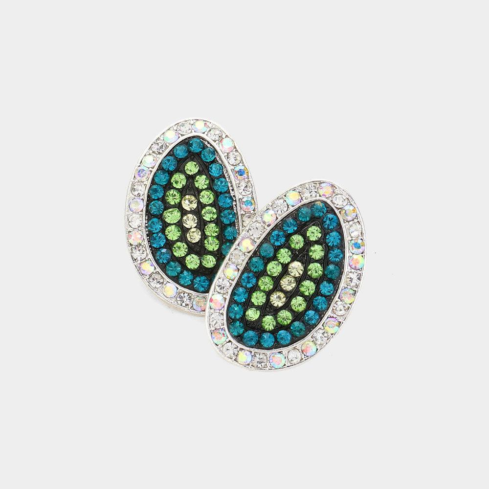Blue Rhinestone Paved Abstract Oval Stud Earrings