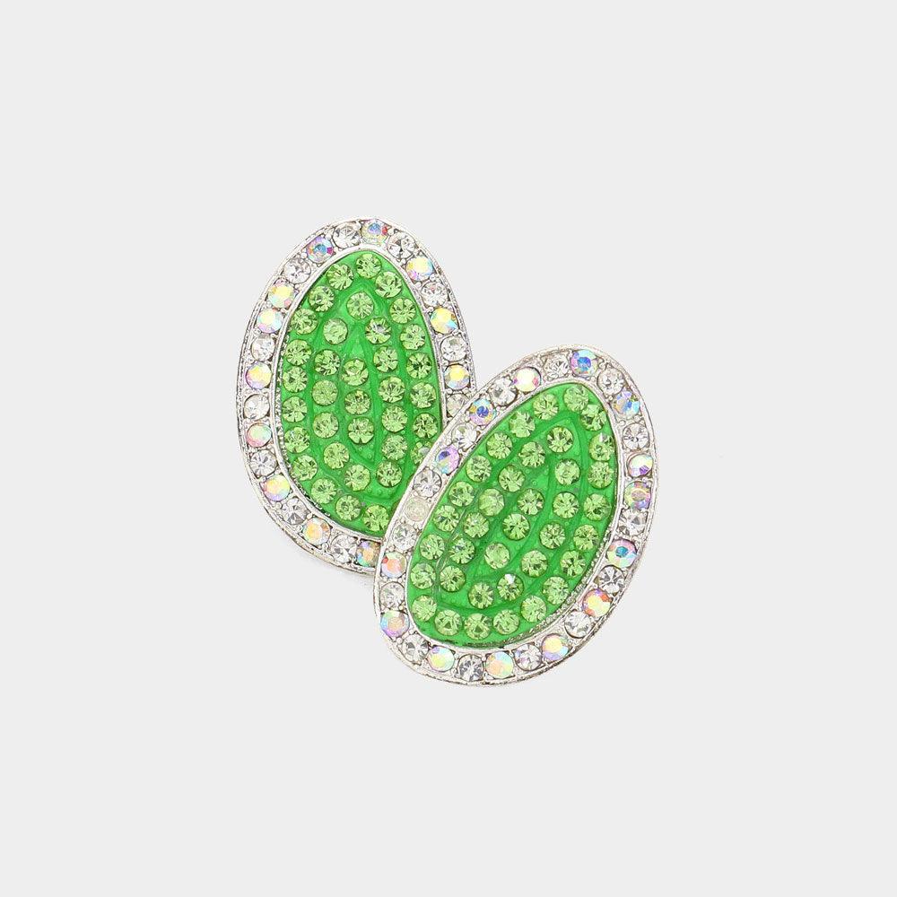 Green Rhinestone Paved Abstract Oval Stud Earrings