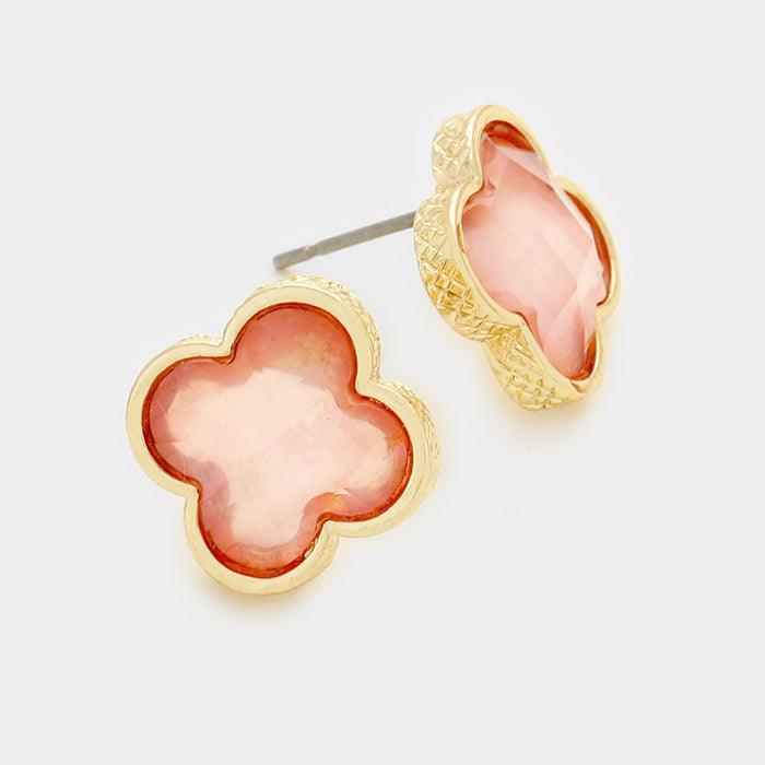 Peach Quatrefoil Clover Stone Stud Earrings - Jewelry Store by Erik Rayo