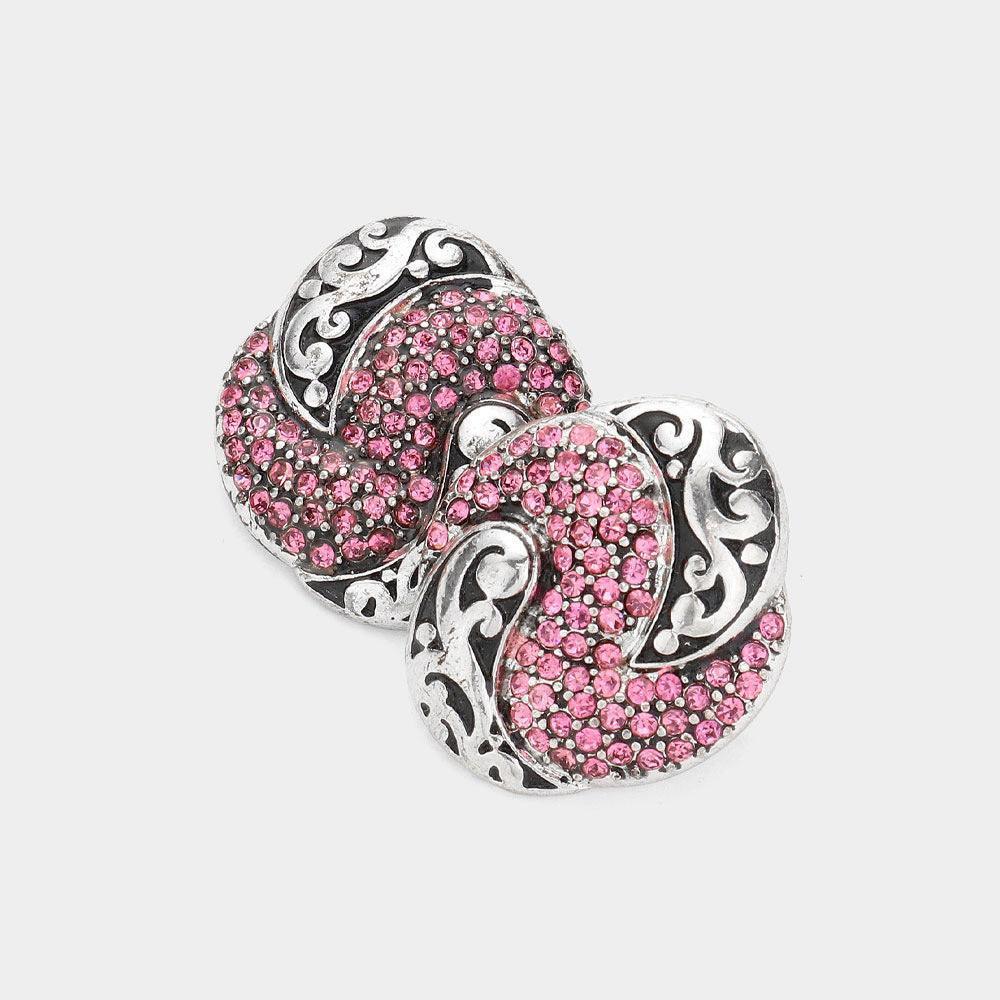 Pink Crystal Pave Antique Metal Stud Earrings - Jewelry Store by Erik Rayo