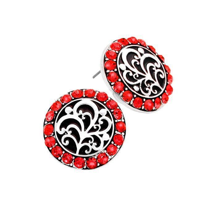 Crystal Trim Embossed Metal Stud Earrings - Jewelry Store by Erik Rayo