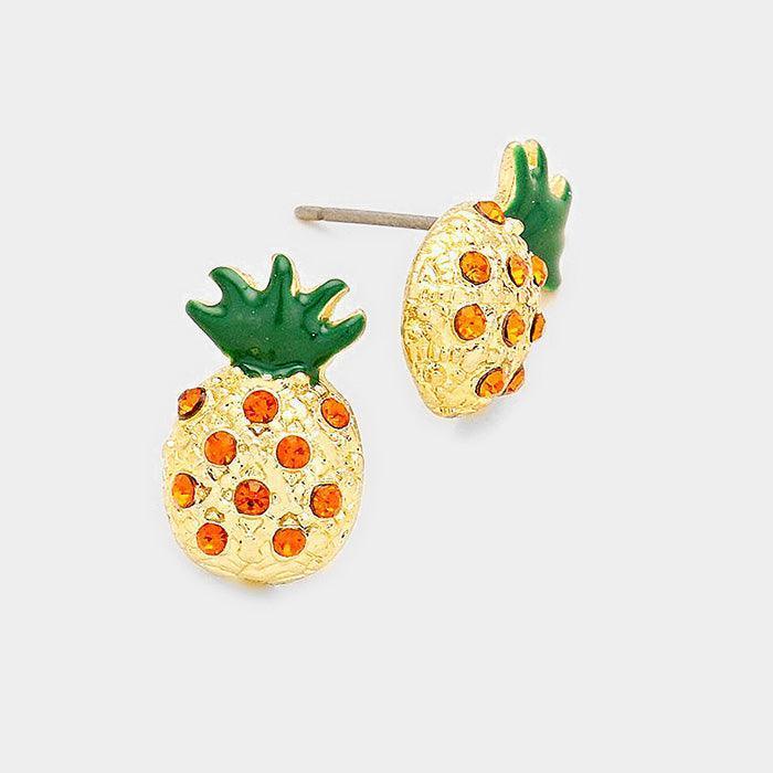 Orange Crystal enamel pineapple stud earrings - Jewelry Store by Erik Rayo
