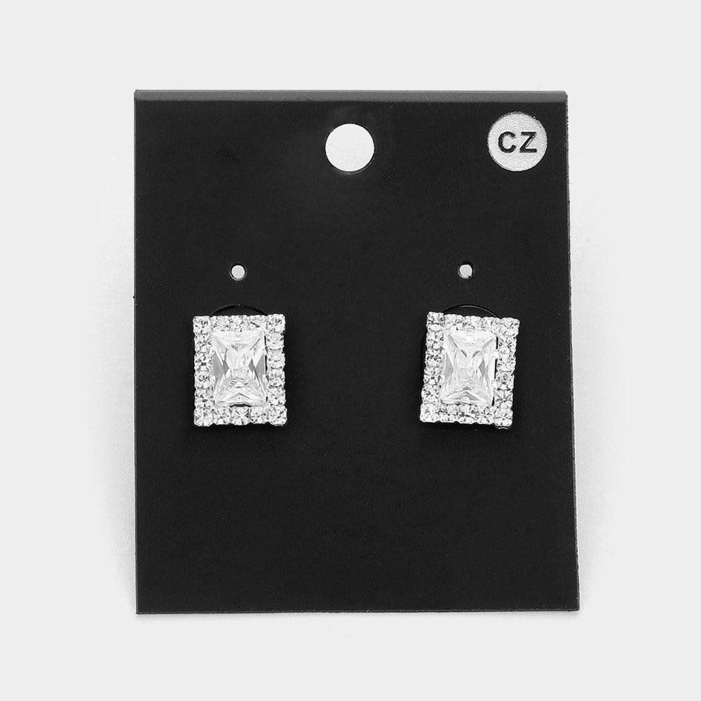 Silver Square CZ Stone Stud Earrings