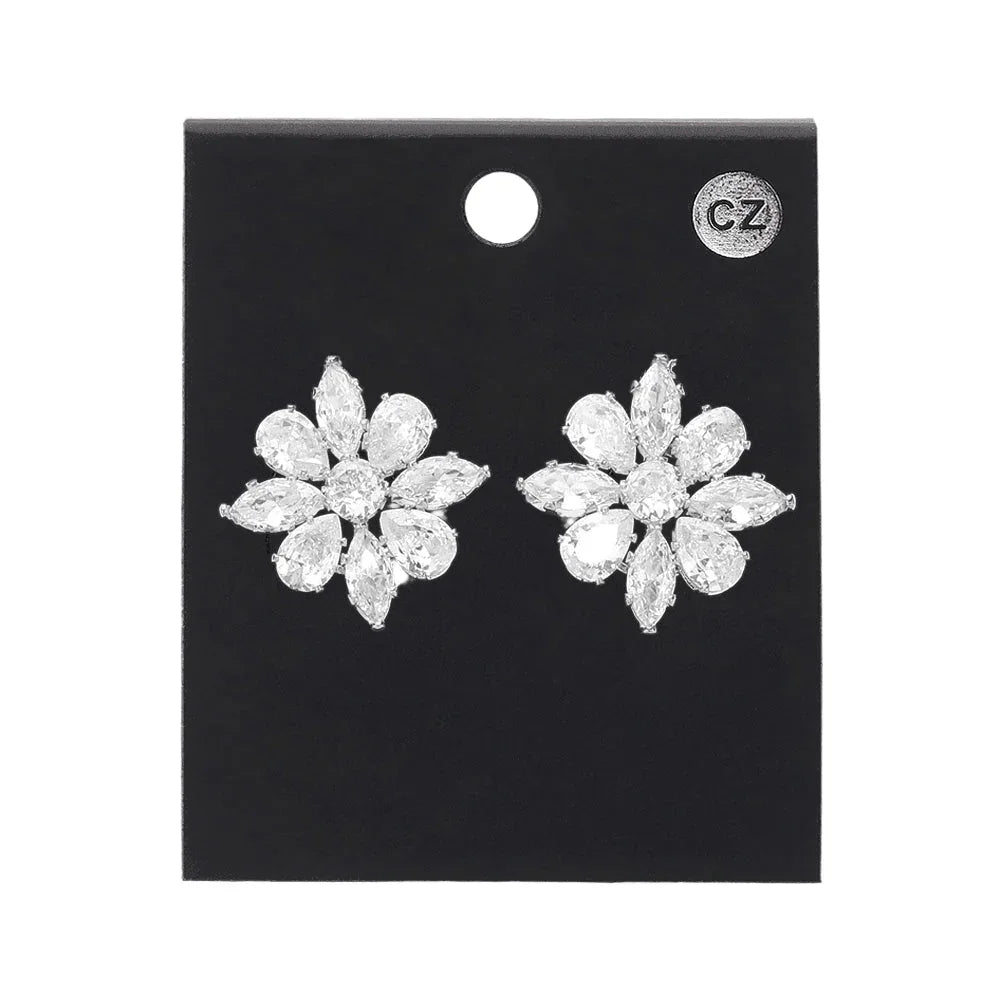 Silver CZ Stone Embellished Flower Stud Earrings - Jewelry Store by Erik Rayo