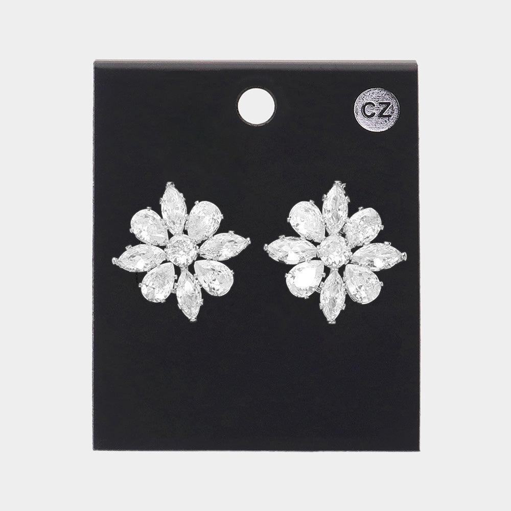 Silver CZ Stone Embellished Flower Stud Earrings - Jewelry Store by Erik Rayo