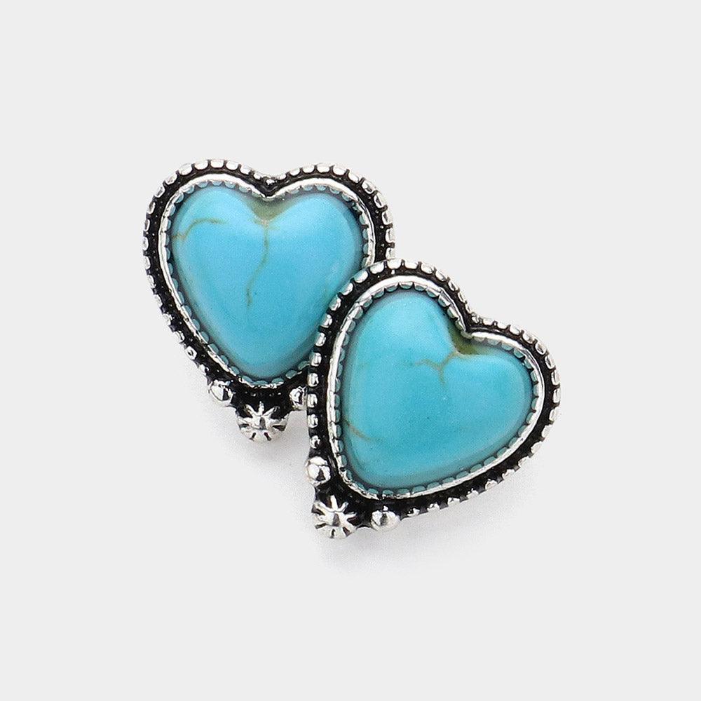 Turquoise Western Heart Natural Stone Stud Earrings - Jewelry Store by Erik Rayo