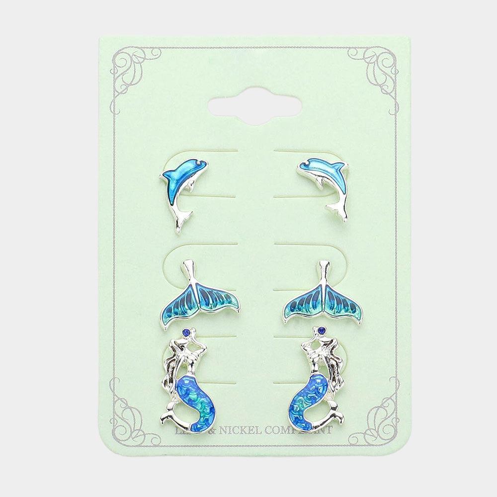 Silver 3PAIRS - Dolphin Whale Tai Mermaid Stud Earrings Set - Jewelry Store by Erik Rayo